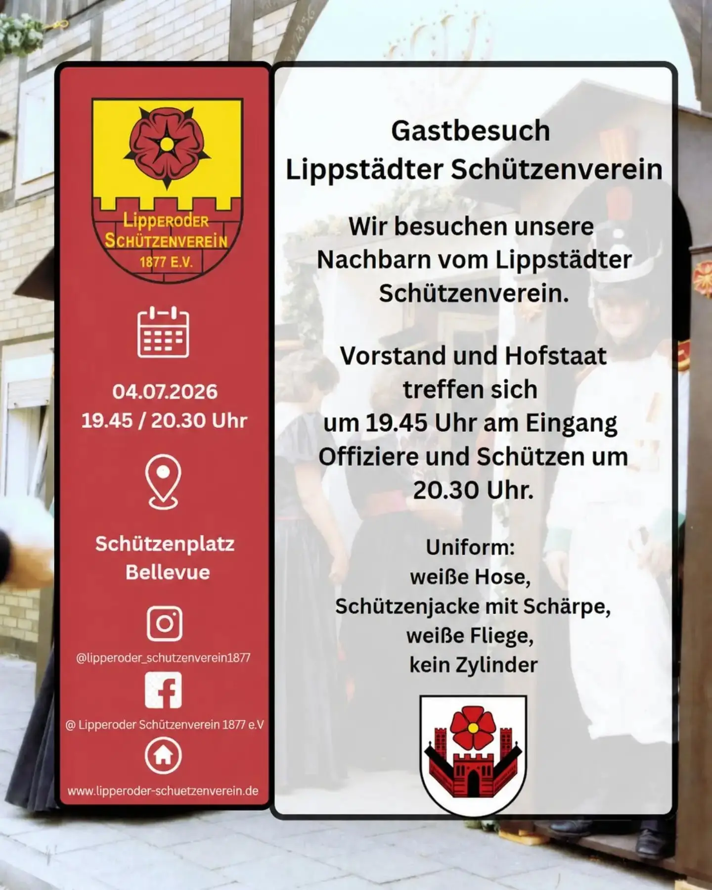 Samstag steht unser Gastbesuch beim Lippstädter Schützenverein an! 
Wir hoffen auf eine rege Teilnahme der Schützen und Offiziere. Schützen können gerne in Uniform (ohne Zylinder) teilnehmen 🍻😉