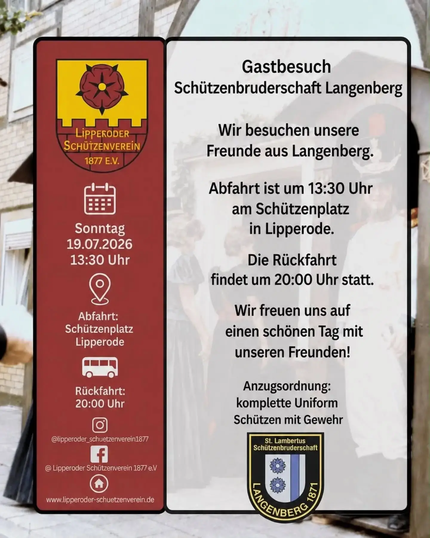 Am Sonntag den 19.Juli geht es zum Schützenfest nach @st.lambertus.langenberg , wo unser Schütze und ehemaliger Offizier @kikakalla (Pascal Sonntag) amtierender König ist 🥳 
Wir hoffen auf eine starke Teilnahme 😉🍻