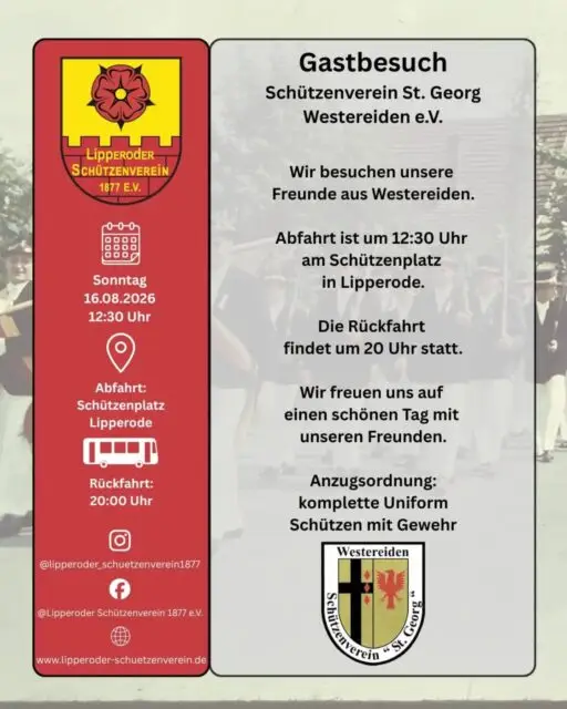 Jürgen Hagenhoff, König in Westereiden und Schütze unseres Vereins, sowie seine Königin Claudia und deren @hofstaat_westereiden_2025_26  haben uns zu ihrem Schützenfest eingeladen 🥳
Wir freuen uns sehr über diese Einladung und hoffen auf eine zahlreiche Teilnahme der Schützen und Offiziere 😉