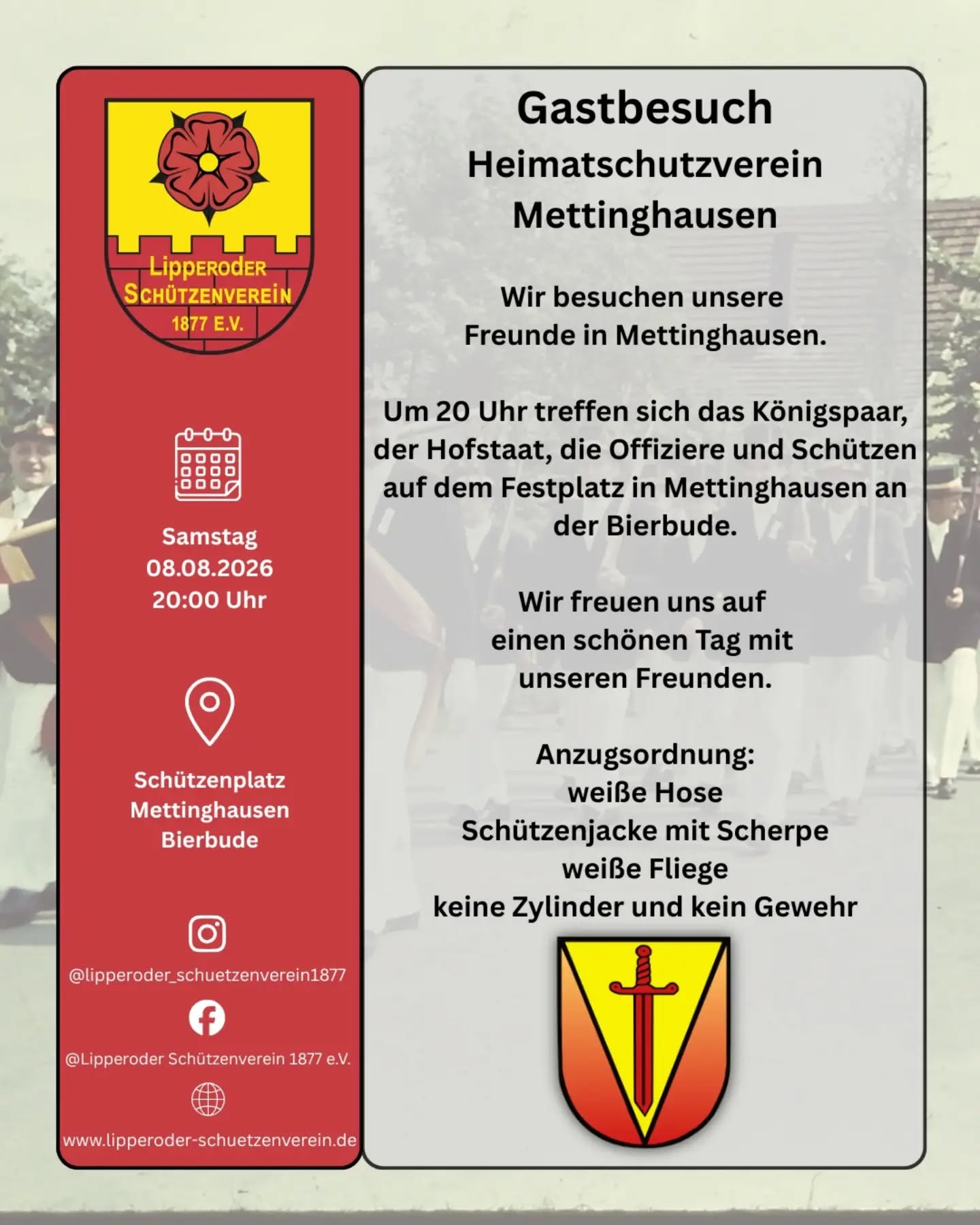 Die Festlichkeiten gehen weiter! Am Samstag den 8.August besuchen wir das Schützenfest vom @hsv_mettinghausen_1913 . Auch hier wünschen wir uns wieder eine zahlreiche Teilnahme der Schützen und Offiziere!