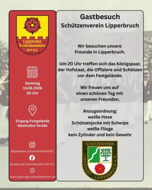 Wir kommen aus dem Feiern einfach nicht mehr raus 🥳 
Am Samstag besuchen wir mit unserem Königspaar Frederik und Jenny Walter, sowie ihrer Throngesellschaft das Schützenfest vom @svlipperbruch 🎩

🗓️ Schonmal vormerken 🗓️
Im September sind wir wieder in Lipperbruch, denn vom 19. bis 21.September findet dort das @ksf2026 statt 🍻