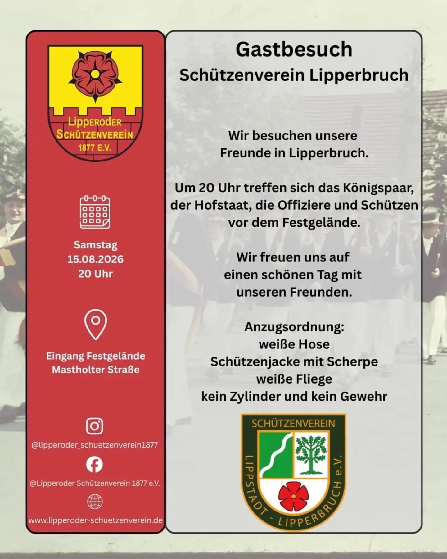 Wir kommen aus dem Feiern einfach nicht mehr raus 🥳 
Am Samstag besuchen wir mit unserem Königspaar Frederik und Jenny Walter, sowie ihrer Throngesellschaft das Schützenfest vom @svlipperbruch 🎩

🗓️ Schonmal vormerken 🗓️
Im September sind wir wieder in Lipperbruch, denn vom 19. bis 21.September findet dort das @ksf2026 statt 🍻
