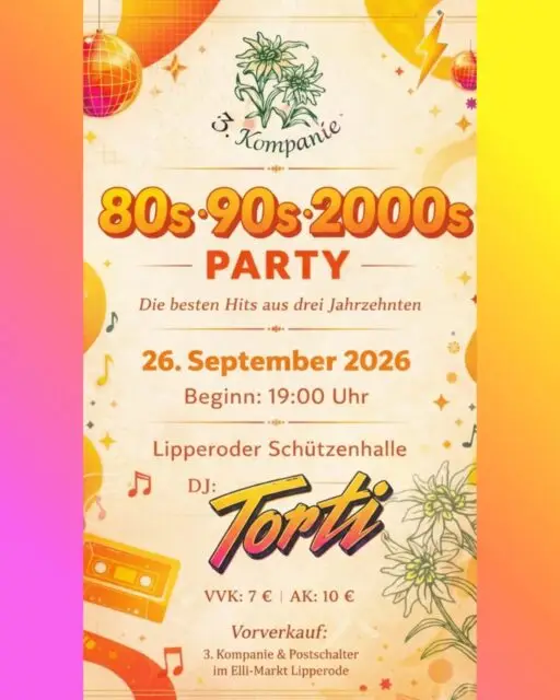 Die III.Kompanie kehrt mit ihrer legendären Party zurück und erweitert die Hits um ein weiteres Jahrzehnt 🕺💃🏼

Der Kartenvorverkauf beginnt dieses Wochenende im Elli-Markt Lipperode (Postschalter) und bei den Offizieren der III.Kompanie.

Also Karten kaufen, Retro-Klamotten aus dem Schrank holen und am 26.September die Tanzfläche stürmen 🎉🪩🍻