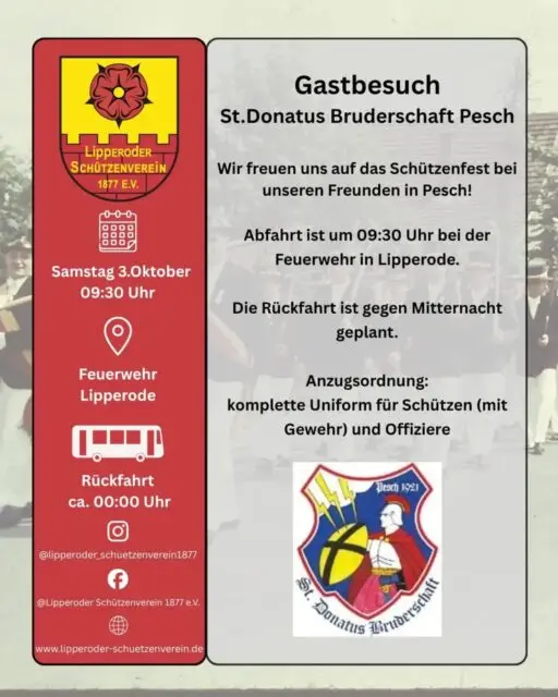 Antreten zum letzten Schützenfest 2026 🎩

Am Samstag, den 3.Oktober geht es zu unseren Freunden nach Pesch 🥳

Lasst uns gemeinsam das letzte Schützenfest 2026 feiern, die langjährige Freundschaft mit @donatus1921 pflegen und nochmal das Zelt zum Beben bringen 🪩

Wir sehen uns am 3.Oktober 😉