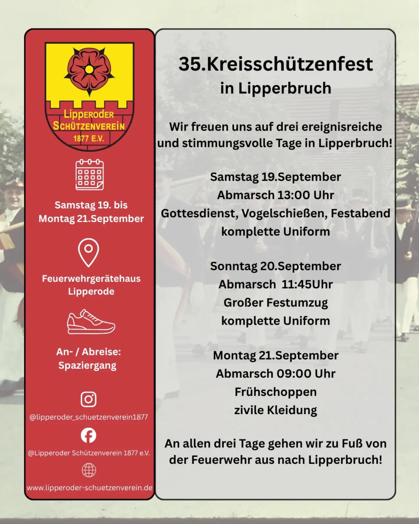 3 Tage Kreisschützenfest 🍻
2 Ausmärsche in Uniform 🎩
1 Fete mit Freunden 🥳

Unsere Vorfreude auf das Kreisfest ist riesig! 

Die letzten Tage waren für unseren Verein nicht einfach und der Schock sitzt noch tief, aber ab dem Kreisfest heißt es (wieder): Uniform anziehen, Fliege richten und mit Stolz unseren Verein repräsentieren 💪🏻 
Entsprechend freuen wir uns auf eine starke Teilnahme der Schützen und Offiziere!