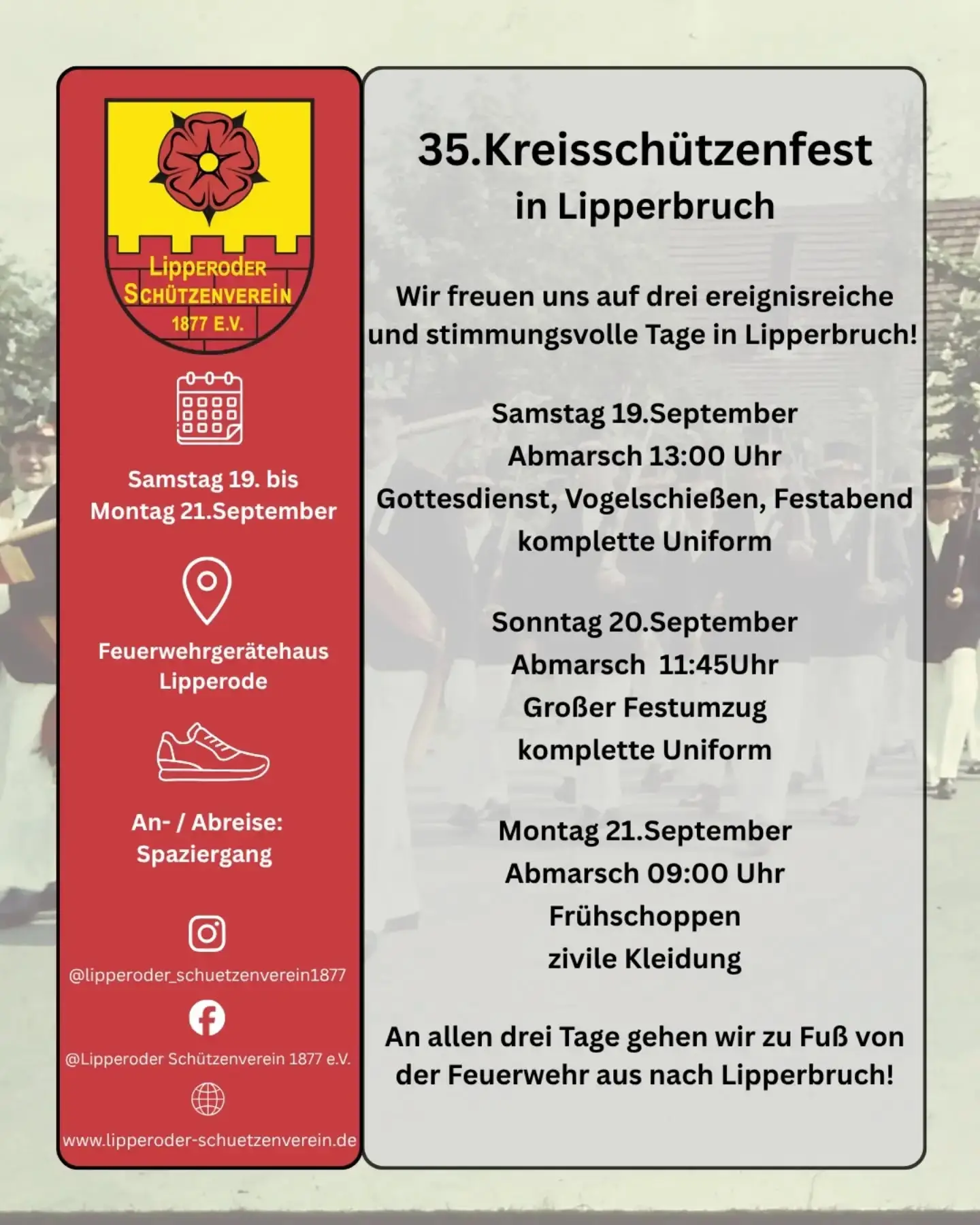 3 Tage Kreisschützenfest 🍻
2 Ausmärsche in Uniform 🎩
1 Fete mit Freunden 🥳

Unsere Vorfreude auf das Kreisfest ist riesig! 

Die letzten Tage waren für unseren Verein nicht einfach und der Schock sitzt noch tief, aber ab dem Kreisfest heißt es (wieder): Uniform anziehen, Fliege richten und mit Stolz unseren Verein repräsentieren 💪🏻 
Entsprechend freuen wir uns auf eine starke Teilnahme der Schützen und Offiziere!