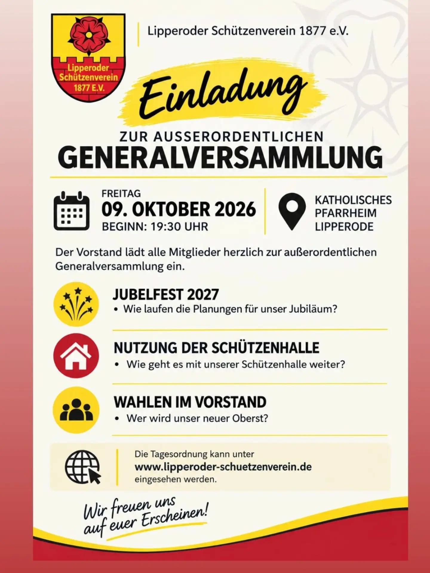 Themen am 9.Oktober:

- Zukünftige Nutzung Schützenplatz 🏫

- Wahlen: Oberst 🎩

- Aktueller Stand Jubelfest 2027 🎉

- uvm.

Tagesordnung:

www.lipperoder-schuetzenverein.de 

Also kommt am 9.Oktober vorbei und gestaltet die Zukunft des Vereins mit!

SONSTIGE INFORMATIONEN

Das Dämmerschoppen der Senioren am Samstag, den 10.Oktober muss wegen der Nutzungsuntersagung des Schützenplatzes leider ersatzlos gestrichen werden ☹️