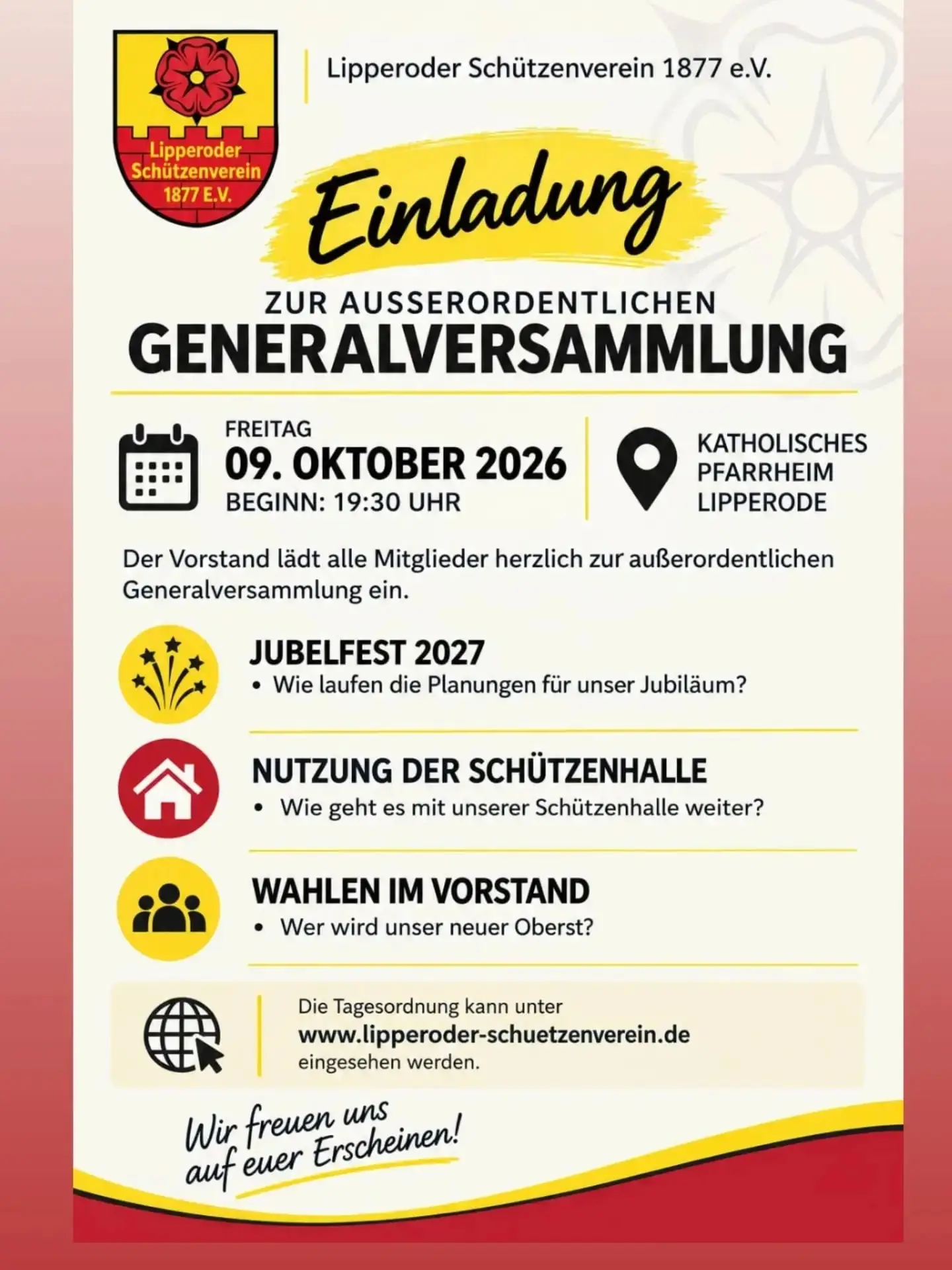 Themen am 9.Oktober:

- Zukünftige Nutzung Schützenplatz 🏫

- Wahlen: Oberst 🎩

- Aktueller Stand Jubelfest 2027 🎉

- uvm.

Tagesordnung:

www.lipperoder-schuetzenverein.de 

Also kommt am 9.Oktober vorbei und gestaltet die Zukunft des Vereins mit!

SONSTIGE INFORMATIONEN

Das Dämmerschoppen der Senioren am Samstag, den 10.Oktober muss wegen der Nutzungsuntersagung des Schützenplatzes leider ersatzlos gestrichen werden ☹️