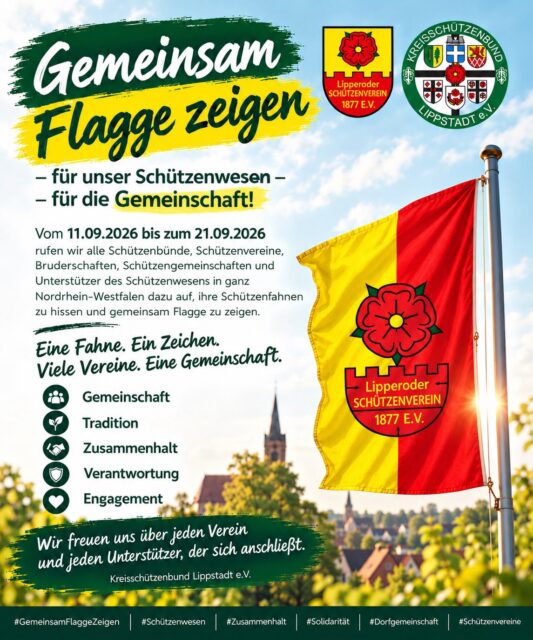 Gemeinsam Flagge zeigen – für unser Schützenwesen - für die Gemeinschaft!

Der Lipperoder Schützenverein 1877 e.V. kann aufgrund eines verwaltungsgerichtlichen Urteils und die dadurch ausgesprochene Nutzungsuntersagung seine Schützenhalle und das dazugehörende Vereinsgelände nicht mehr betreiben. Die Situation beschäftigt längst nicht mehr nur den Lipperoder Schützenverein, sondern steht beispielhaft für eine Entwicklung, die alle unsere Schützenvereine, Bruderschaften und Dorfgemeinschaften treffen kann.

Deshalb möchten wir über Vereins- und Dorfgrenzen hinweg ein Zeichen der Solidarität und Verbundenheit setzen.

Wir rufen alle Schützenbünde, Schützenvereine, Bruderschaften, Schützengemeinschaften und Unterstützer des Schützenwesens in ganz Nordrhein-Westfalen dazu auf, vom 11.09.2026 bis zum 21.09.2026 ihre Schützenfahnen zu hissen und gemeinsam Flagge zu zeigen.

Die Fahne steht dabei für mehr als nur für unsere Vereine:

Sie steht für Gemeinschaft, Tradition, Zusammenhalt, Verantwortung und das Engagement, das unsere Schützenvereine und Bruderschaften seit Generationen für unsere Dörfer und Gemeinden leisten.

Gleichzeitig soll die Aktion eine Mahnung und ein Zeichen für die Zukunft sein: „Was heute einen Verein betrifft, kann morgen auch andere Vereine treffen“!

Lasst uns deshalb gemeinsam zeigen, dass das Schützenwesen zusammensteht – über Vereinsgrenzen, Dorfgrenzen und persönliche Unterschiede hinweg.

Eine Fahne. Ein Zeichen. Viele Vereine. Eine Gemeinschaft.

Wir freuen uns über jeden Verein und jeden Unterstützer, der sich anschließt.

Kreisschützenbund Lippstadt e.V. & der Lipperoder Schützenverein 1877 e.V. 

 

#GemeinsamFlaggeZeigen #Schützenwesen #Zusammenhalt #Solidarität